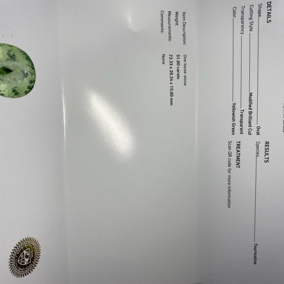 GIA Certified Yellow Green Tourmaline 51.00ct - Picture 8 of 8